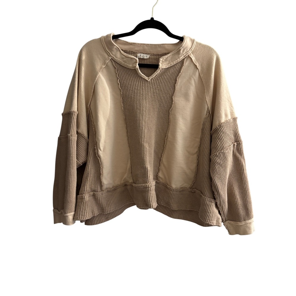 POL Clothing Mixed Media Waffle Knit Oversized Top Beige Tan Medium Boho